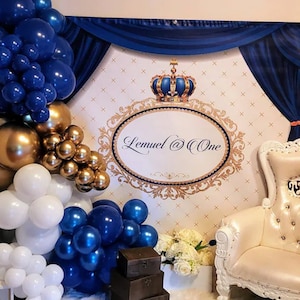 Królewska niebieska korona i złote tło księcia | Wydruk cyfrowy | Baner imprezowy | Spersonalizowany | Niestandardowy | Urodziny | Baby Boy Shower | Chrzest