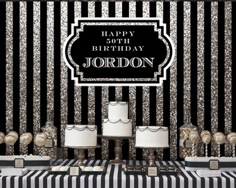 Silver and Black Glitter Backdrop | Printable Digital | Party Banner | Personalised | Custom | Birthday | Adult | Graduation | Retirement