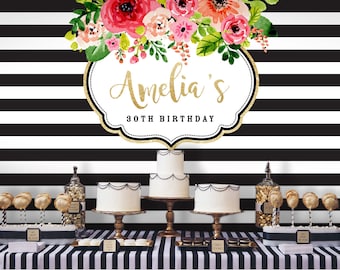 Black and White Flower Backdrop | Adults Party Banner | Poster | Signage | Personalised | Printable ONLY | Birthday Backdrop