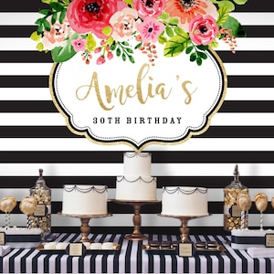 Black and White Flower Backdrop | Adults Party Banner | Poster | Signage | Personalised | Printable ONLY | Birthday Backdrop
