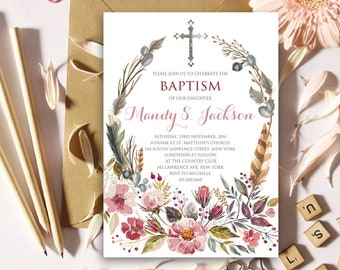 Watercolor Flower Cross Baptism Invitation | Christening | 5x7 | Editable PDF | Instant Download | Personalize at home with Adobe Reader