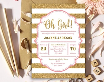 Oh Girl Baby Shower Invitation | Gold Glitter and Pink | 5x7 | Editable PDF File | Instant Download | Personalize at home with Adobe Reader