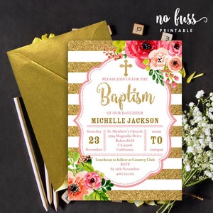 Gold Glitter and Pink Flower Baptism Invitation | Christening | 5x7 Editable PDF | Instant Download | Personalize at home with Adobe Reader