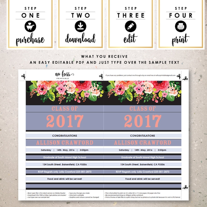 5x7 DIY at home with Adobe Reader Instant Download Editable PDF Black and White Stripe Watercolor Flower Graduation Invitation