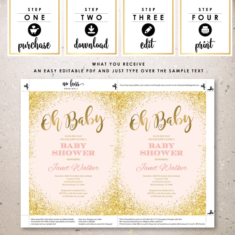 Pink and Gold Baby Shower Invitation 5x7 Editable PDF Etsy