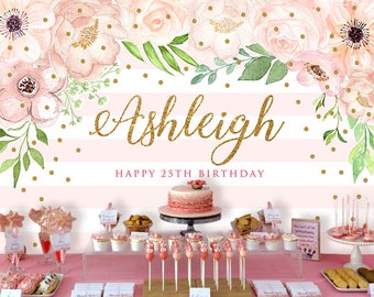 Pink Floral Backdrop | Party Banner | Poster | Welcome Sign | Personalised | Printable ONLY | Birthday Backdrop