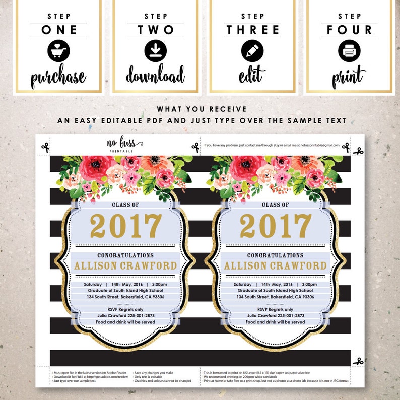 5x7 DIY at home with Adobe Reader Black and White Stripe Gold Graduation Invitation Instant Download Editable PDF