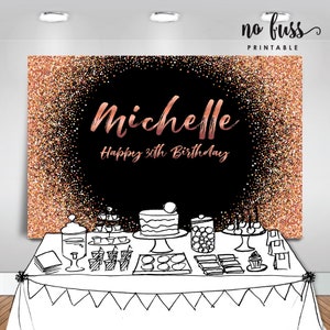 Black and Rose Gold Backdrop Adults Party Banner Poster Signage Personalised Printable ONLY Birthday Backdrop image 2