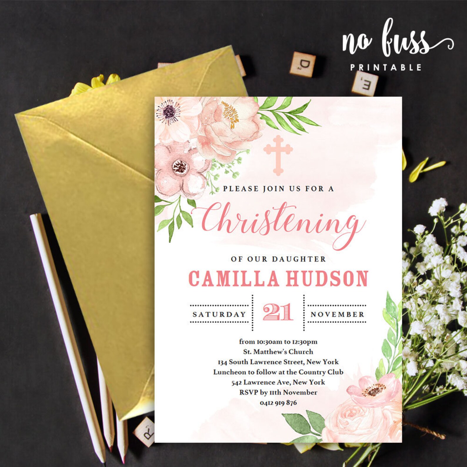 Watercolor Floral Christening Invitation for Girls Baptism Etsy