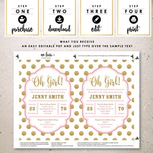 Oh Girl Baby Shower Invitation Gold Glitter and Pink 5x7 Editable PDF File Instant Download Personalize at home with Adobe Reader image 2