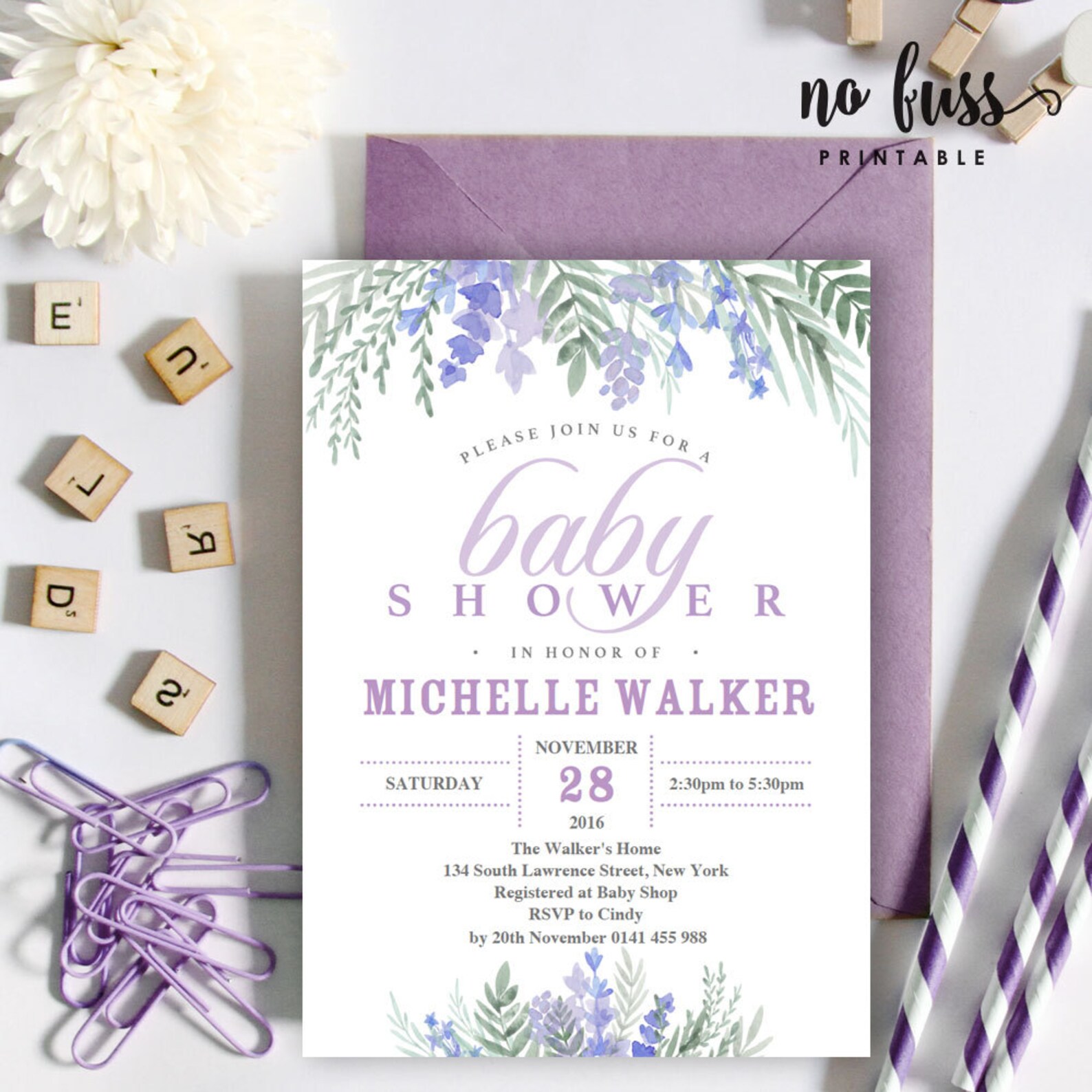 Lavender Baby Shower Invitation 5x7 Editable PDF File Etsy