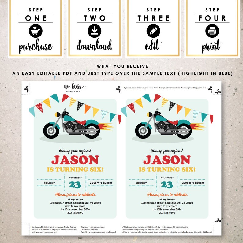 Motorcycle Birthday Invitation 5x7 Editable PDF File - Etsy
