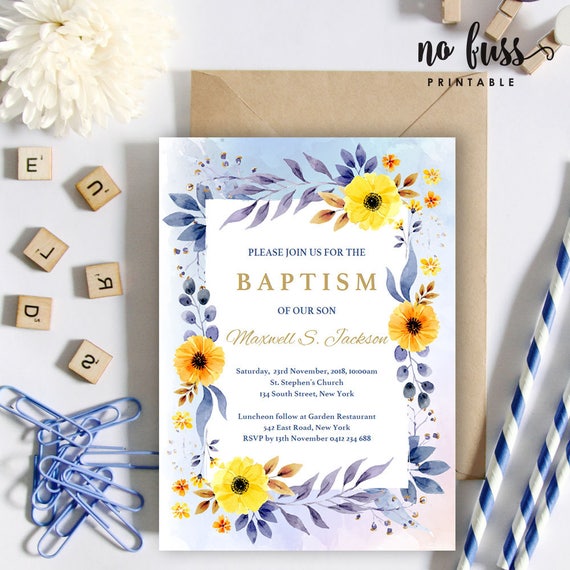 Watercolor Flower Baptism Invitation Christening 5x7 Etsy