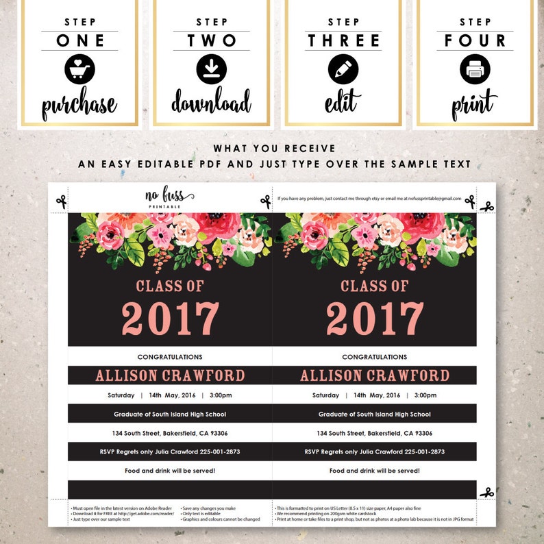 5x7 DIY at home with Adobe Reader Instant Download Editable PDF Black and White Stripe Watercolor Flower Graduation Invitation
