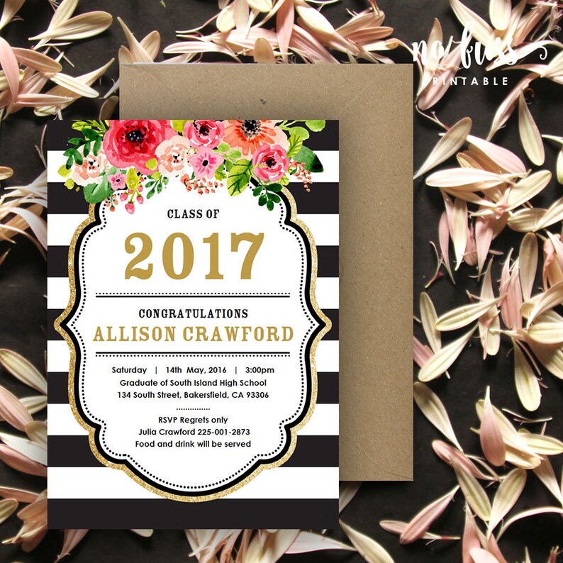 5x7 DIY at home with Adobe Reader Black and White Stripe Gold Graduation Invitation Instant Download Editable PDF