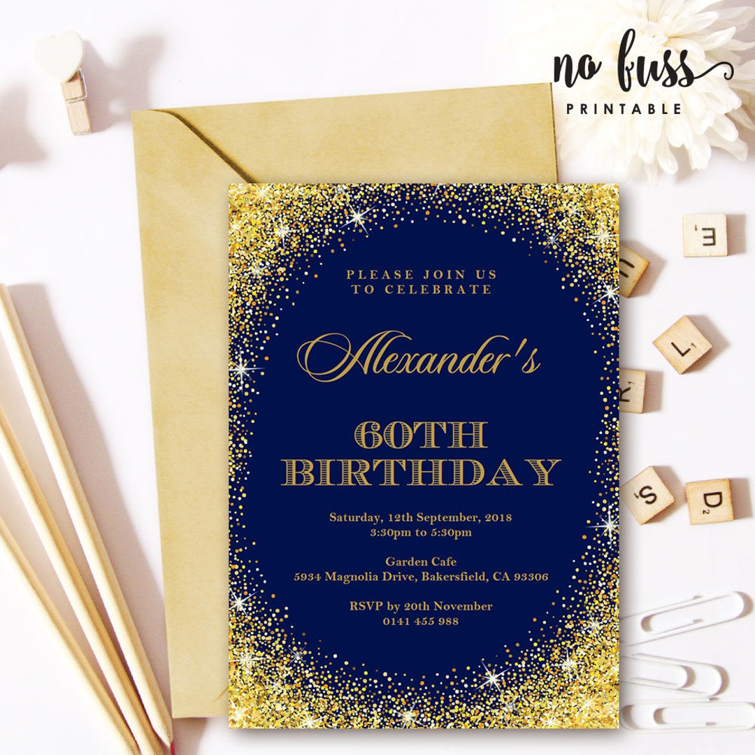 Navy and Gold Glitter Invitation 5x7 Editable PDF File Instant Download