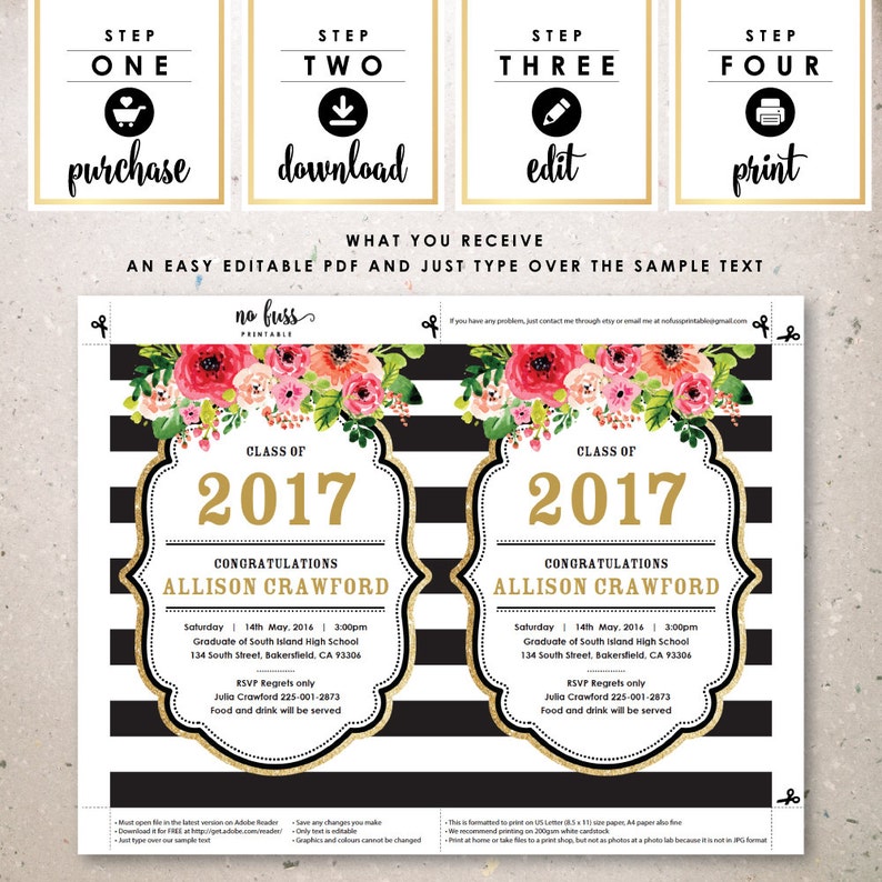 5x7 DIY at home with Adobe Reader Black and White Stripe Gold Graduation Invitation Instant Download Editable PDF