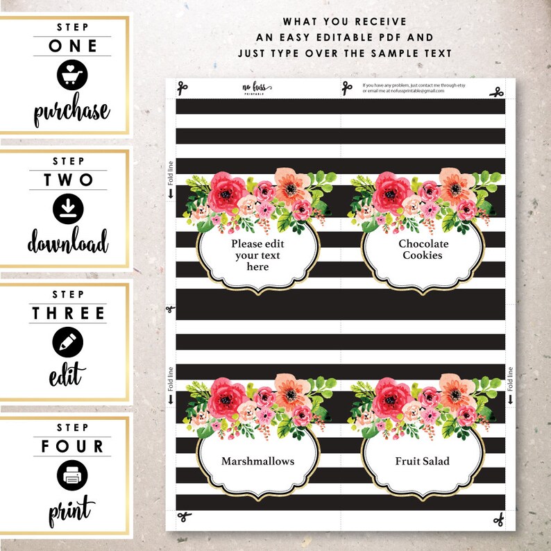 Black and Gold Stripe Flower Food Label Tents Card Etsy