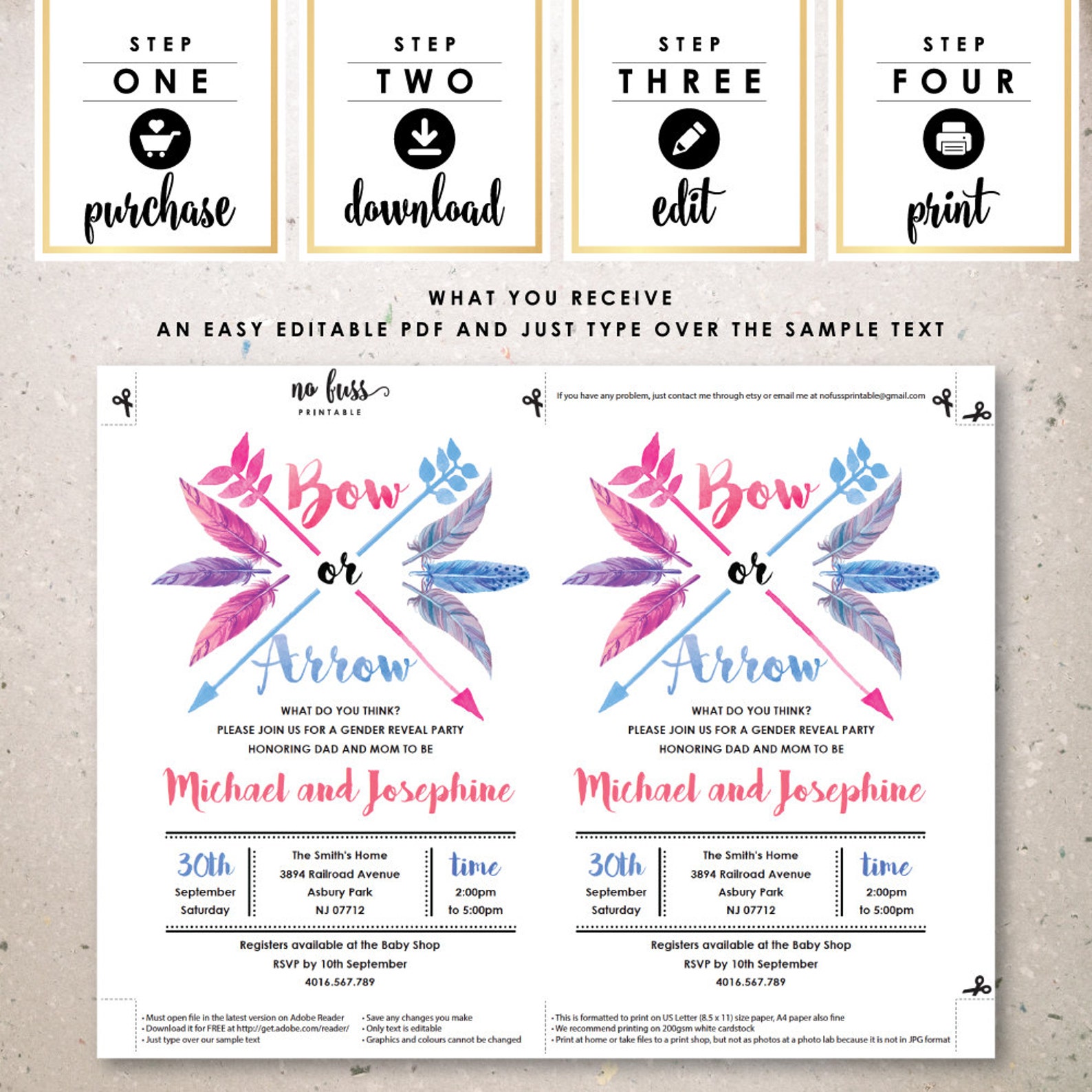 Bow and Arrow Gender Reveal Invitation Boy or Girl 5x7 Etsy