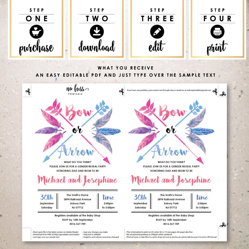 Bow and Arrow Gender Reveal Invitation Boy or Girl 5x7 Etsy