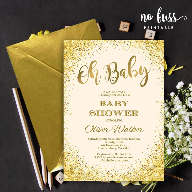 Sparkling Gold Baby Shower Invitation 5x7 Editable PDF Etsy UK