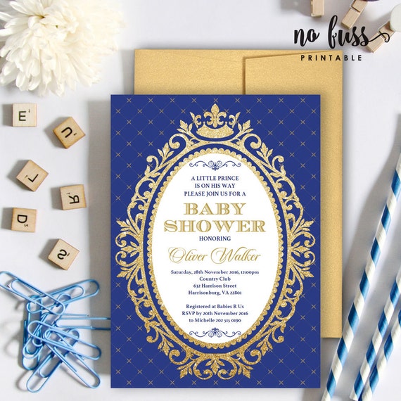 Royal Blue And Gold Prince Baby Shower Invitation 5x7 Editable PDF.