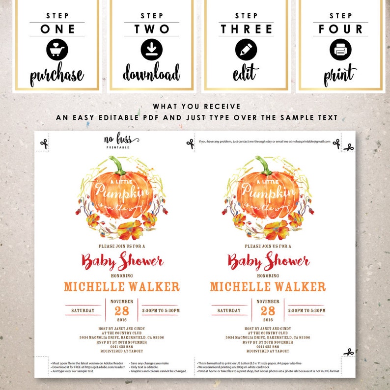 Pumpkin Baby Shower Invitation 5x7 Editable PDF Instant Etsy