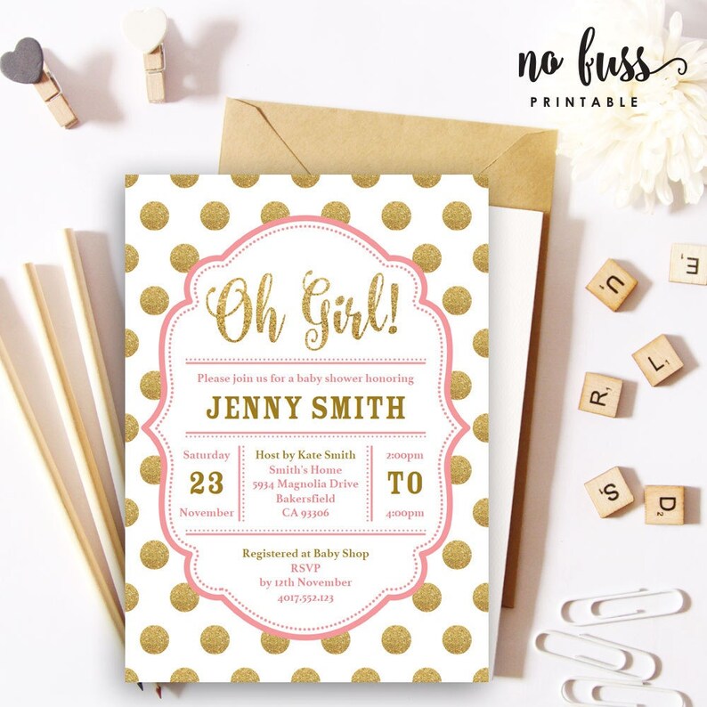 Oh Girl Baby Shower Invitation Gold Glitter and Pink 5x7 Editable PDF File Instant Download Personalize at home with Adobe Reader image 1