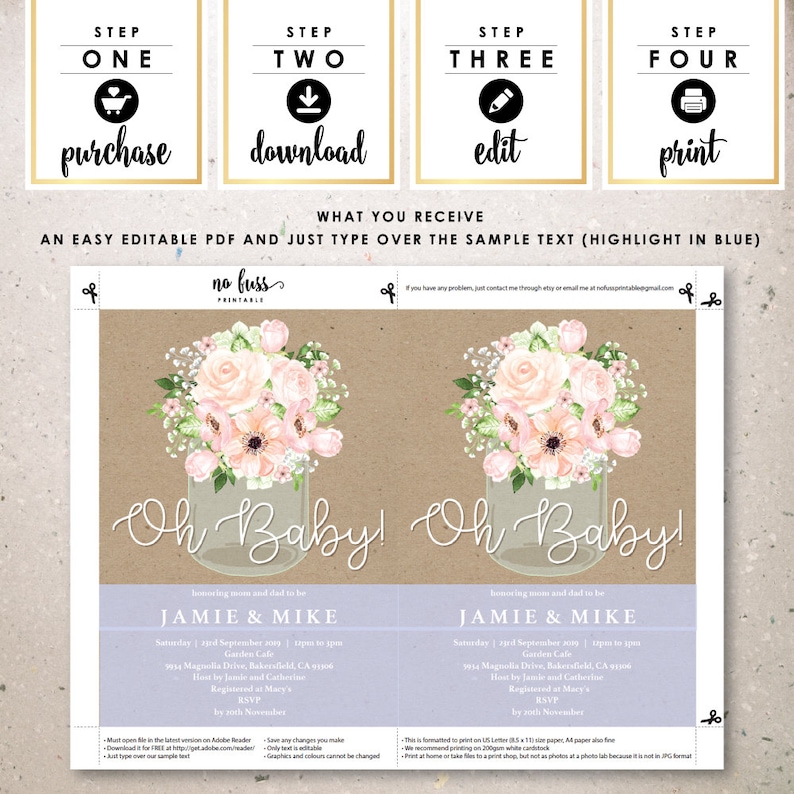 Mason Jar Baby Shower Invitation 5x7 Editable PDF Instant Download Personalize with Adobe Reader image 2