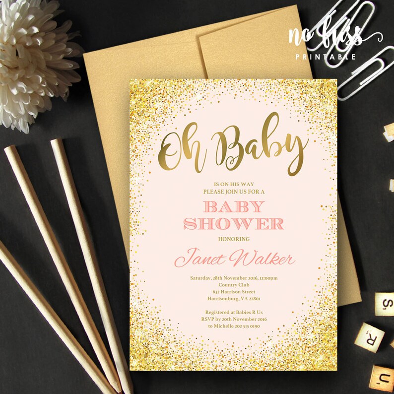 Pink and Gold Baby Shower Invitation 5x7 Editable PDF Etsy
