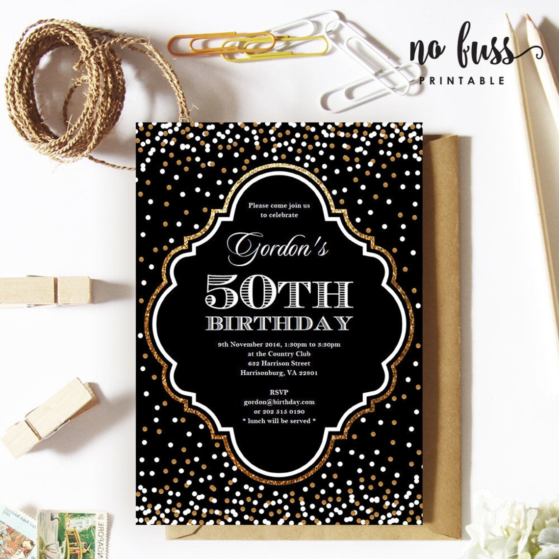 Black and Gold Polka Dot Invitation Adult Birthday 5x7 Etsy