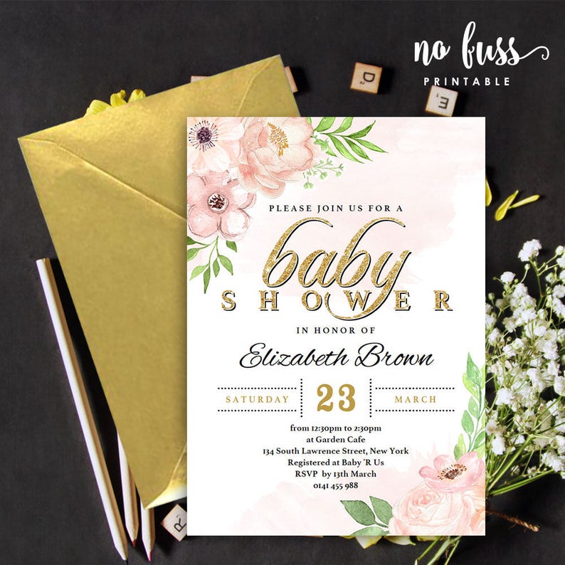 Floral Baby Shower Invitation Gold Glitter and Pink 5x7 Etsy