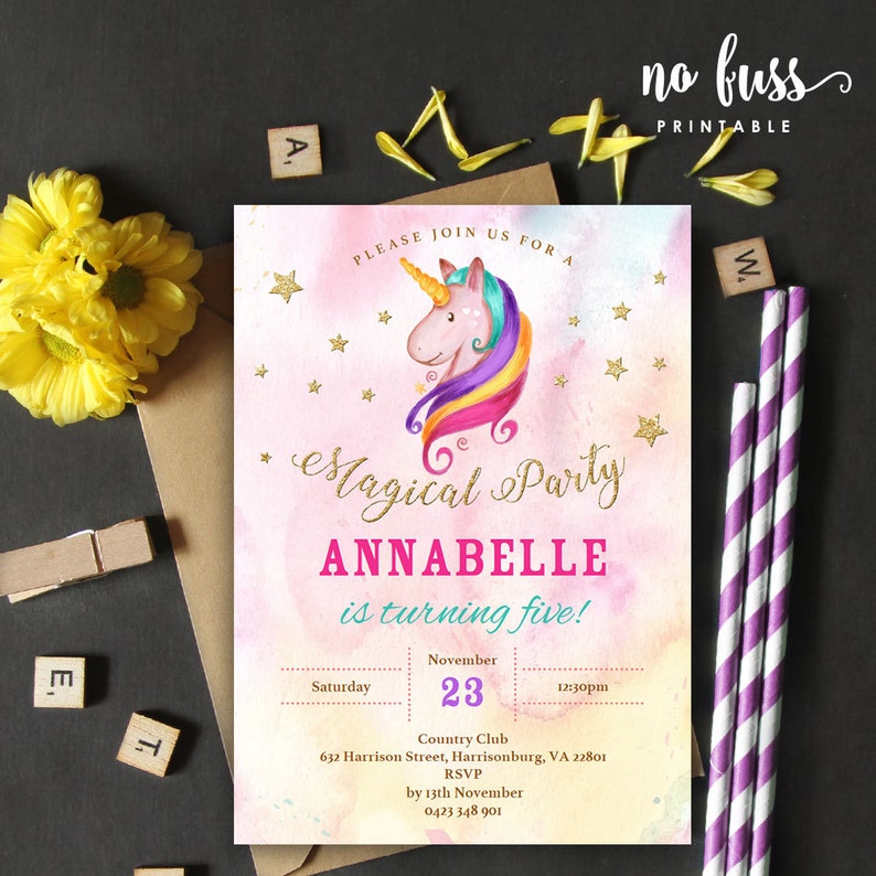 Unicorn Birthday Invitation 5x7 Editable PDF File Instant Download Personalize at home with Adobe Reader image 1