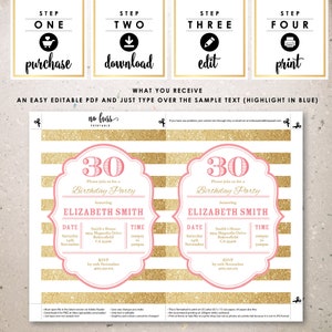 Pink and Gold Birthday Invitation 5x7 Editable PDF File Instant ...