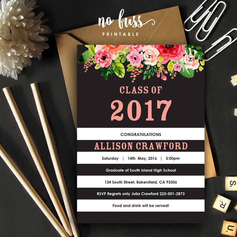 5x7 DIY at home with Adobe Reader Instant Download Editable PDF Black and White Stripe Watercolor Flower Graduation Invitation