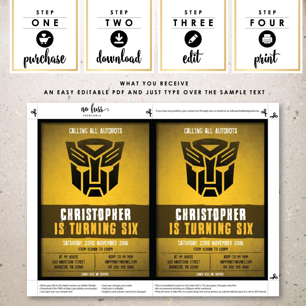 Autobots Invitation 5x7 Editable PDF File Instant - Etsy Denmark