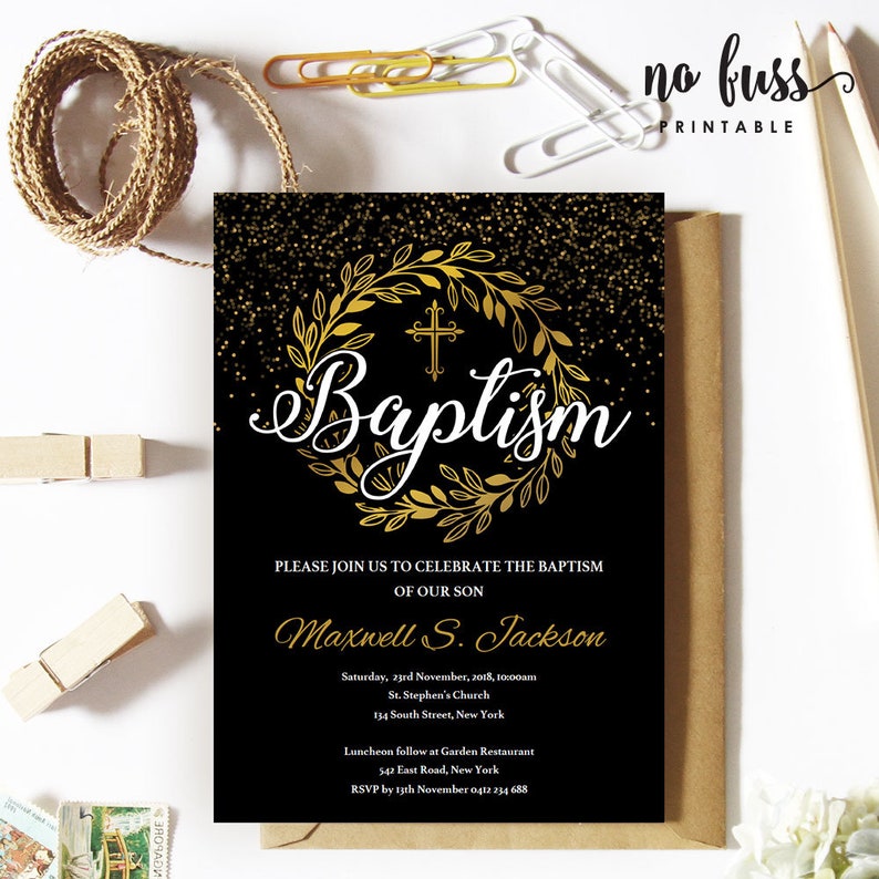 Black and Gold Baptism Invitation Christening 5x7 Editable Etsy