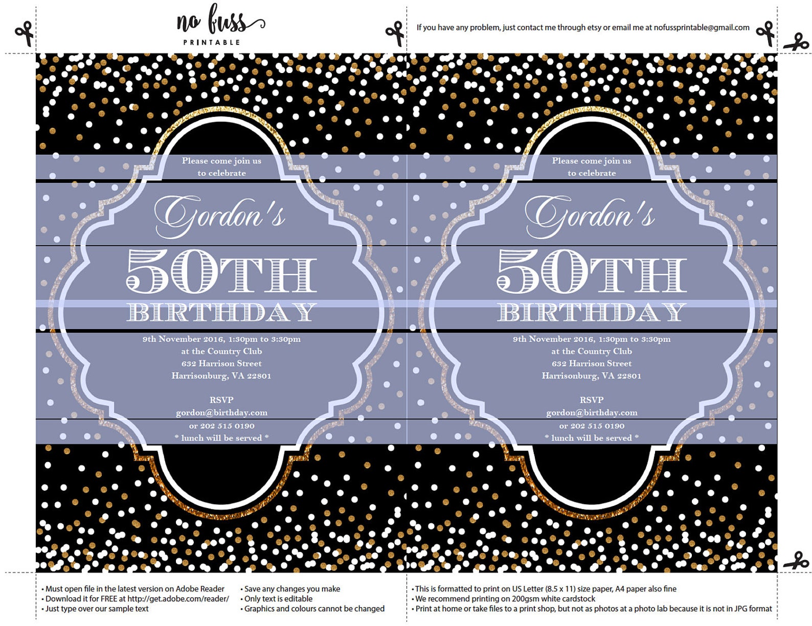 Black and Gold Polka Dot Invitation Adult Birthday 5x7 Etsy