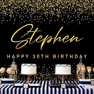 Black and Gold Glitter Backdrop | Adults Party Banner | Poster | Personalised | Printable ONLY | Birthday Backdrop