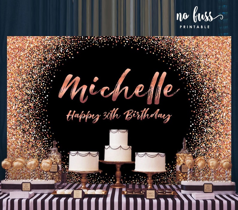 Black and Rose Gold Backdrop Adults Party Banner Poster Signage Personalised Printable ONLY Birthday Backdrop image 1