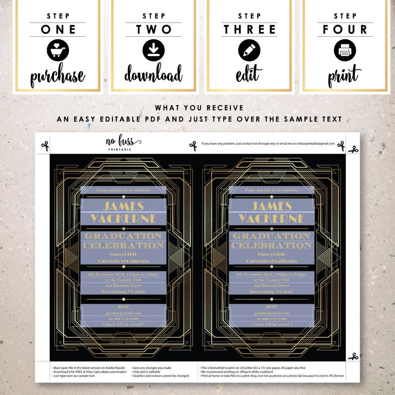 Great Gatsby Graduation Invitation Art Deco Invite 5x7 - Etsy