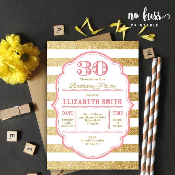 Pink and Gold Birthday Invitation 5x7 Editable PDF File | Etsy