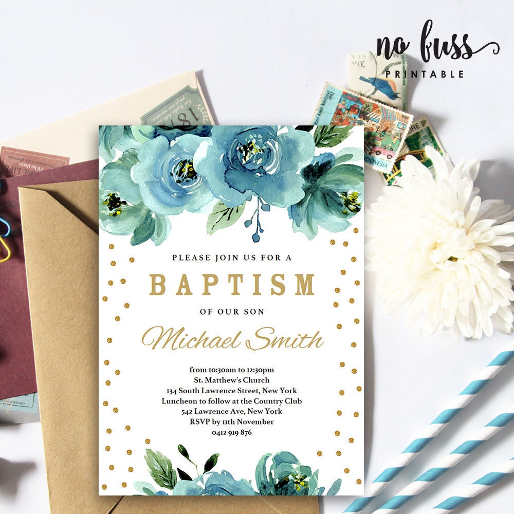 Blue Watercolor Flower Baptism Invitation Christening 5x7 Etsy