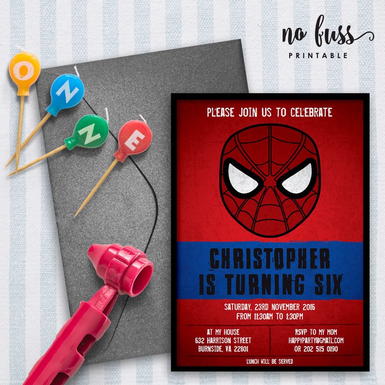 5x7 Birthday Instant Download Personalize at home with Adobe Reader Editable PDF File Spiderman Superhero Invitation