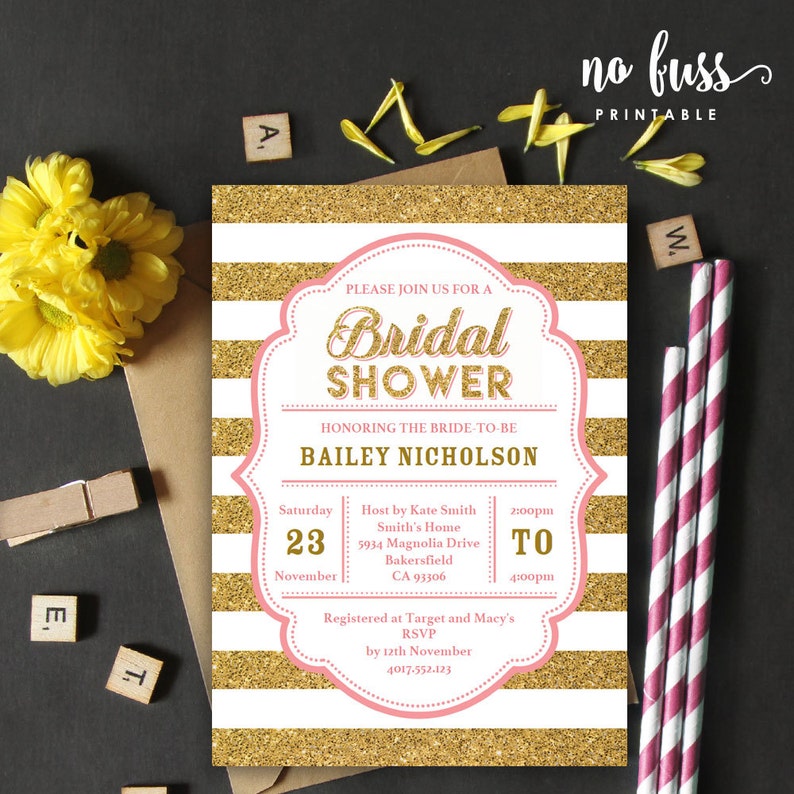 Pink and Gold Glitter Bridal Shower Invitation 5x7 Etsy