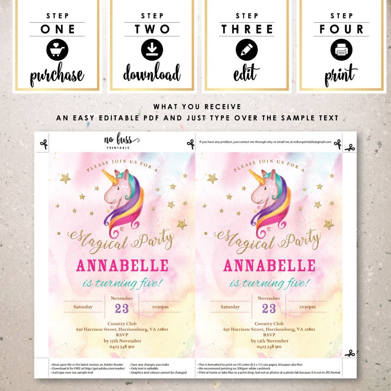 Unicorn Birthday Invitation 5x7 Editable PDF File Instant Download Personalize at home with Adobe Reader image 3