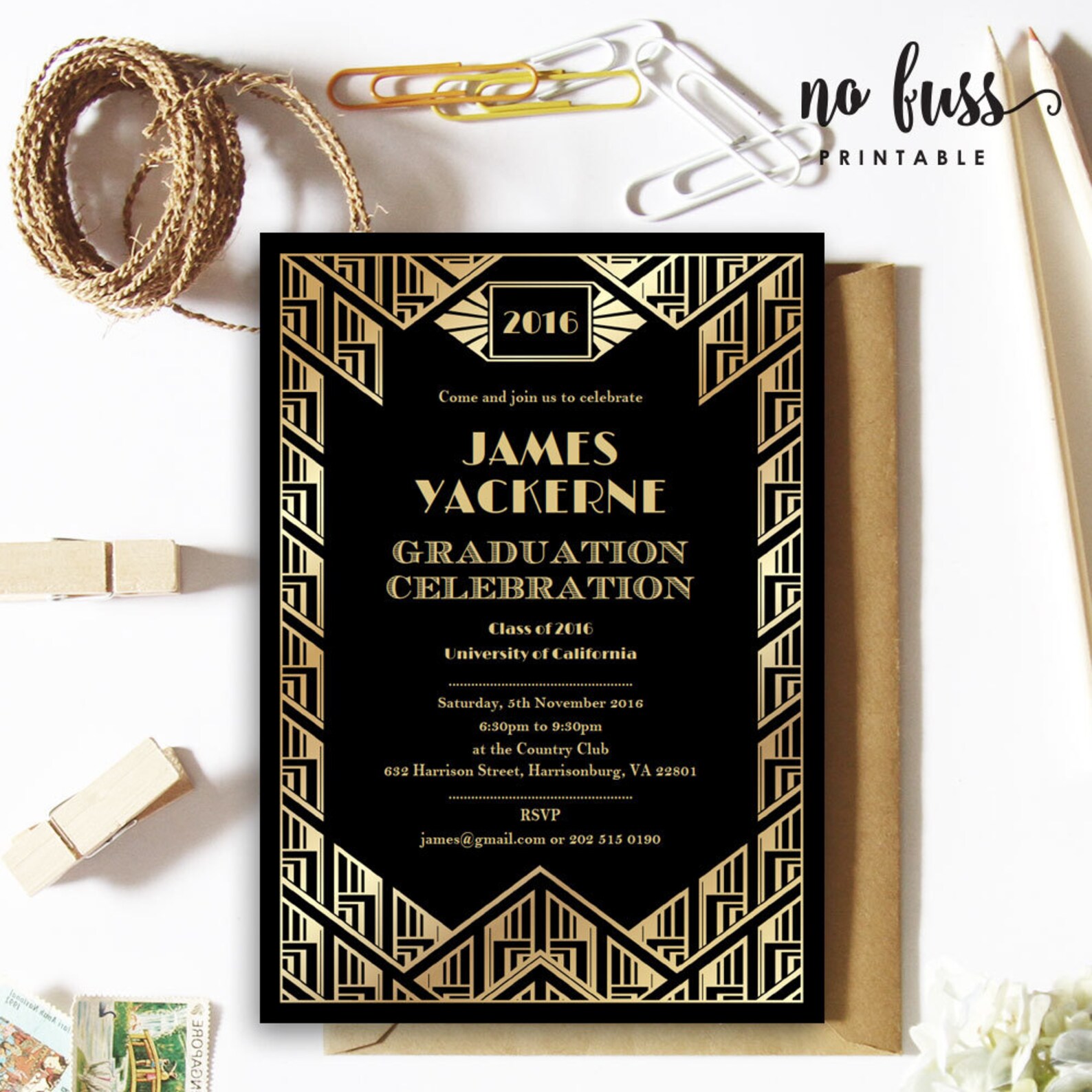 Great Gatsby Graduation Invitation Art Deco Invite 5x7 Editable PDF ...