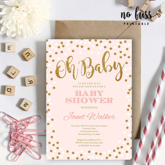 Pink and Gold Baby Shower Invitation 5x7 Editable PDF Etsy