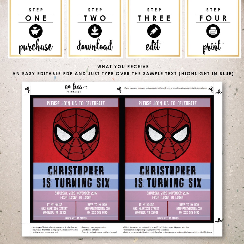 5x7 Birthday Instant Download Personalize at home with Adobe Reader Editable PDF File Spiderman Superhero Invitation
