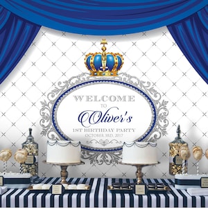 Blue and Silver Prince Crown Backdrop | Boys Party Banner | Poster | Signage | Personalised | Printable ONLY | Birthday Backdrop